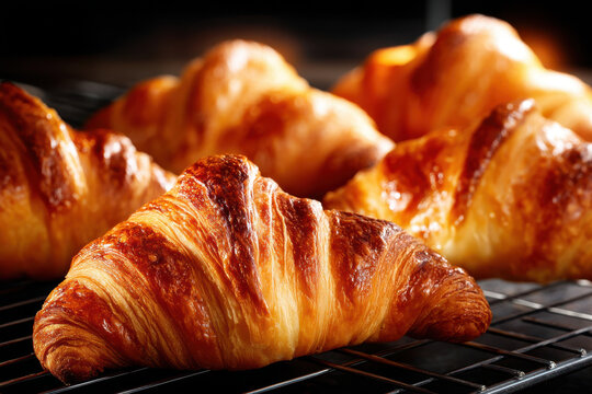 Freshly baked croissants cooling on a rack in a warm kitchen atmosphere