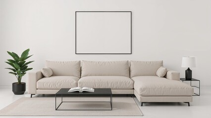 Modern Minimalist Living Room Interior Design with Beige Sofa and Black Frame Artwork