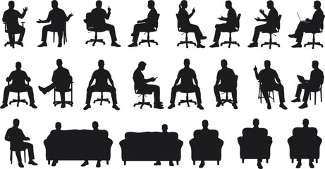 Silhouette of people sitting on chairs, couches, discussing, pointing, using laptop, casual and office postures, black vector illustration design