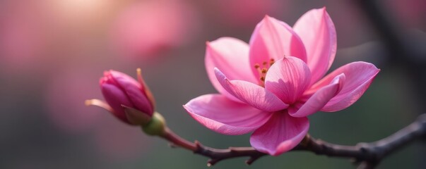 Obraz premium Delicate pink blossom, petals unfurled, soft focus , summer, flowering plant