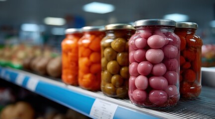 Rows of jars filled with vibrant pickled vegetables line a grocery store shelf, showcasing bold pink, green, and orange hues under bright lights during daytime shopping hours