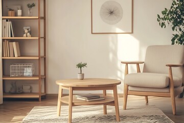 Minimalist interior with a wooden coffee table, armchair, and bookshelf in a bright living room