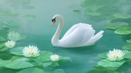 Obraz premium White goose swimming among lotus leaves on the water