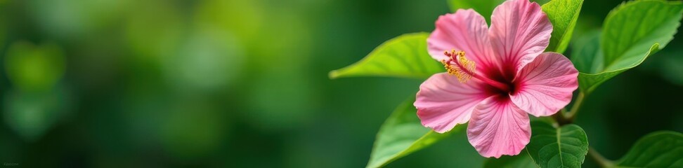Fototapeta premium Delicate pink hibiscus, lush green leaves, vibrant garden , sunshine, floral, beauty