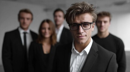 group of young individuals dressed in formal clothing stands in an office setting