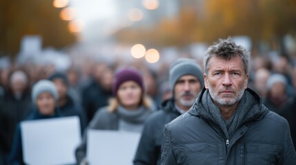 group of people walks together in a city, holding signs and displaying serious expressions. This protest takes place in the afternoon, surrounded by tall buildings and autumn foliage