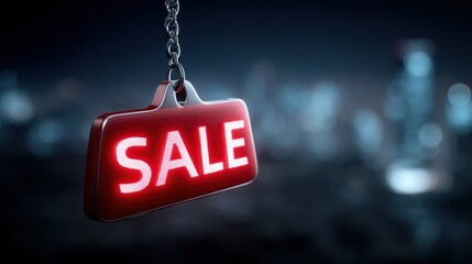 red sign with the word sale illuminates against a nighttime urban backdrop. vibrant light attracts attention and suggests discounts for nearby shoppers