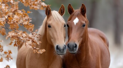 Two beautiful horses are standing side by side in a tranquil forest during autumn. Their coats shine in soft light while colorful leaves fall gently around them