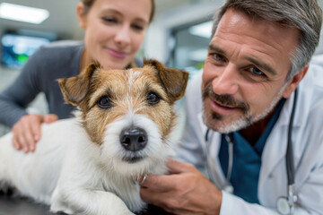 Veterinarian examines a happy dog while its owner looks on in a clinic setting
