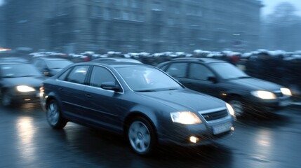 Cars navigate through a bustling street filled with pedestrians wearing winter clothing, creating a lively yet chaotic atmosphere during a cold evening