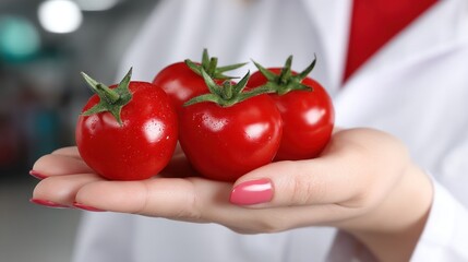 Four vibrant red tomatoes are carefully held in the palm of a hand. person wearing a white lab coat suggests a focus on freshness and quality in a bright kitchen environment
