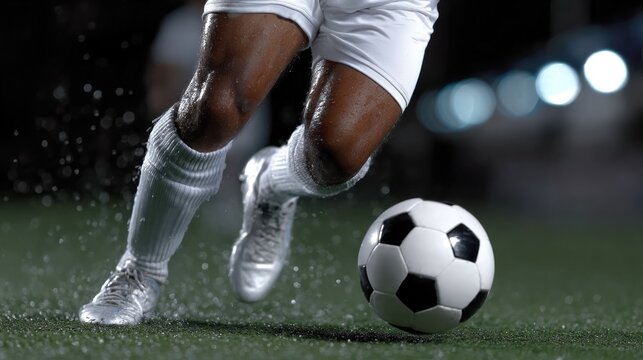 soccer player skillfully maneuvers the ball across a wet, illuminated field under nighttime conditions. Raindrops splash around as the athlete practices dribbling techniques with focus