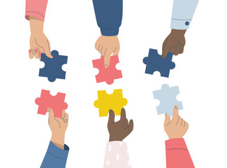 Teamwork solving puzzles, Multicultural businessman and woman hands holding puzzle pieces, Business people working together to find solution in office, Connecting jigsaw pieces. Vector.