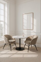 Elegant Minimalist Dining Nook Design Modern Round Table with Two Armchairs and Artwork