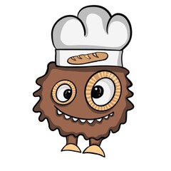 Funny cartoon brown monster chef with baker hat and big eyes. Cute bakery character illustration for kids, cooking themes, stickers, clipart, children's books, and playful design projects.
