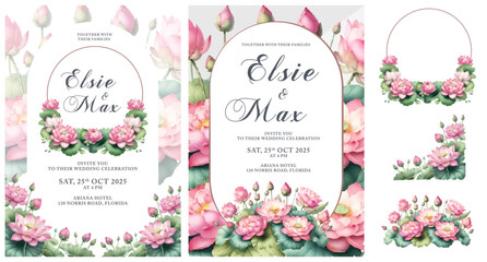 Elegant wedding invitation designs featuring watercolor pink lotus flowers and lush green leaves. The layouts vary, including full-page designs and separate floral border elements