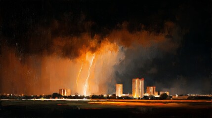 Atmospheric oil painting of stormy night cityscape with bold dynamic brushstrokes, depicting urban skyline under dramatic weather, capturing energy, movement, wind, rain, clouds and night lights.

