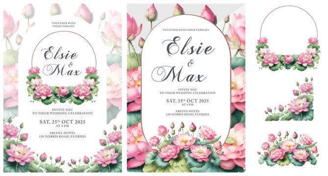 Elegant wedding invitation designs featuring watercolor pink lotus flowers and lush green leaves. The layouts vary, including full-page designs and separate floral border elements