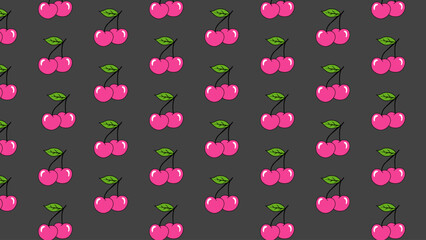 Black seamless pattern with pink cherry. Background red cherries and green leaves. Vector design sweet berries as wallpaper