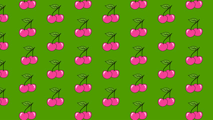 Green seamless pattern with pink cherry. Background red cherries and green leaves. Vector design sweet berries as wallpaper