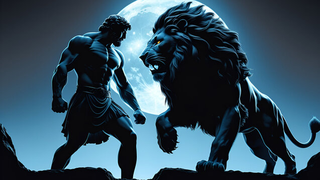 Hercules and the Nemean Lion, silhouette Generative AI