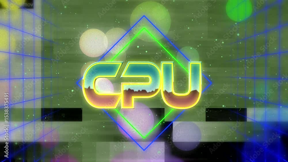 Poster faint neon letters appearing and turning into cpu text in digital tunnel, with pulsing diamond