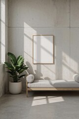 Minimalist Interior Design  Modern Daybed and Blank Canvas Artwork in a Sunlit Room
