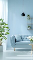 Modern living room interior in light blue with sofa, plants, side table and lamp