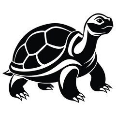 Black turtle walks slowly, an illustrative monochrome animal on a white background