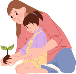 Mother and Daughter Planting Together
