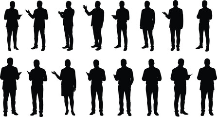 Business people silhouette set, standing pose, hand gestures, speaking, holding papers, vector black figures, office scene, communication illustration, professional stance
