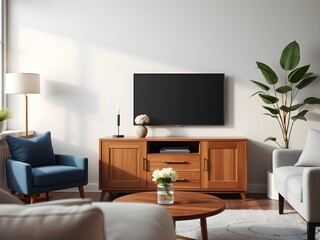 Modern Living Room Interior Mockup with TV Cabinet, Lamp, Table, and Indoor Plants