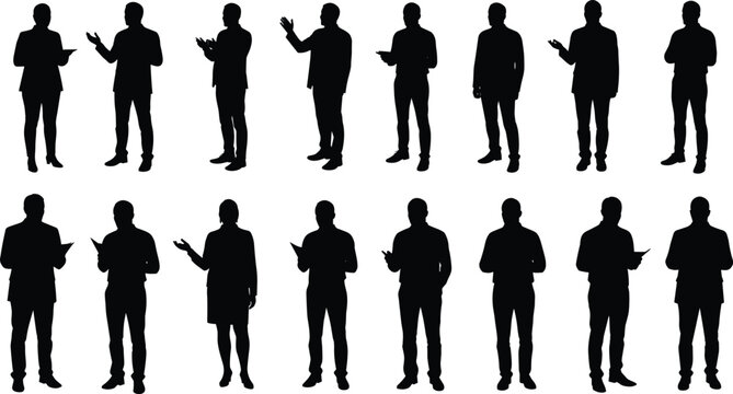 Business people silhouette set, standing pose, hand gestures, speaking, holding papers, vector black figures, office scene, communication illustration, professional stance