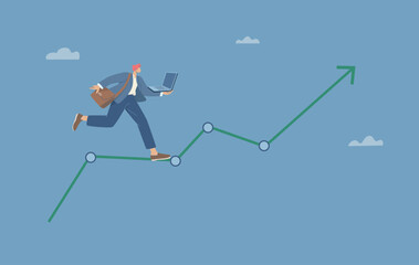 Fototapeta premium Business growth, Planning for progress and growing profit, Strategy for achieving corporate success, Businessman holding laptop running on upward line graph. Flat vector design illustration.