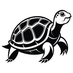 Black turtle moves slowly ahead with detailed shell patterns and rounded body