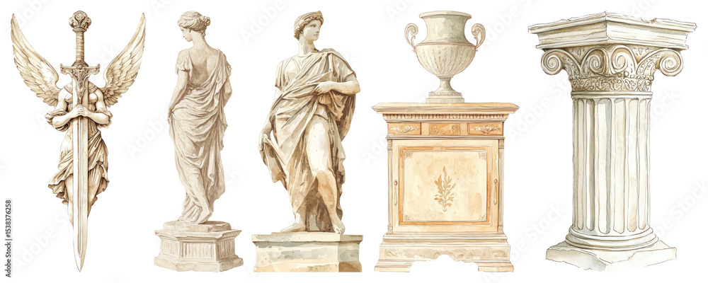 Poster png classical sculptures and architecture elements, element set on transparent background