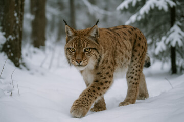 Obraz premium A captivating portrait of a lynx, a majestic wild cat, gracefully navigating a snowy forest. Capturing the essence of wilderness and its connection with nature.