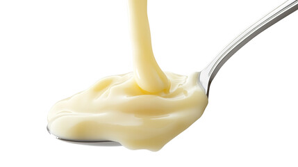 Sweetened Condensed Milk Pouring from Spoons, Isolated on White Background, Food Photography, Culinary Image, Condensed milk, Sweetener, Dessert