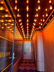 interior design, modern entrance hallway corridor with multiple light bulbs on mirror ceiling