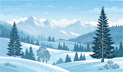Peaceful Winter Landscape Vector with Snowy Mountains and Pine Trees