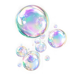 A cluster of iridescent soap bubbles floating against a white background