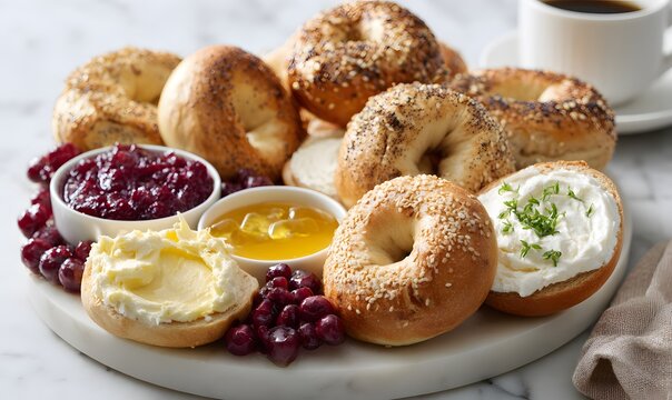 A sharing platter piled with an assortment of sliced and whole cottage cheese bagels and yogurt bagels, surrounded by mini bowls of jam, honey, and whipped cream cheese. Generative AI - Powered by Adobe