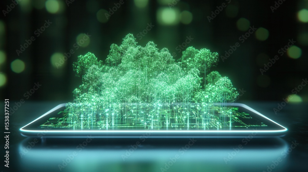 Poster nature conservation concept. digital tablet displaying a forest of trees in a green environment.