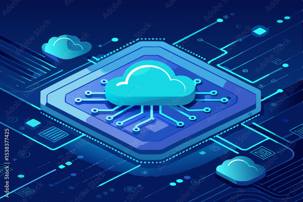Poster isometric cloud computing technology with circuit board and digital network connections