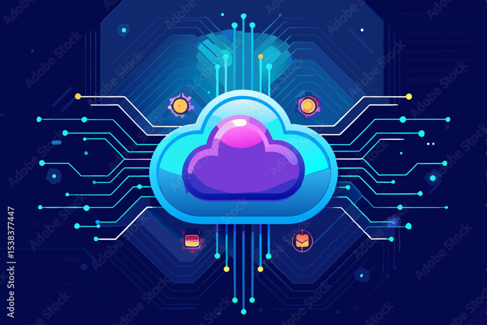 Aufkleber cloud computing technology with circuit board and data transfer illustration