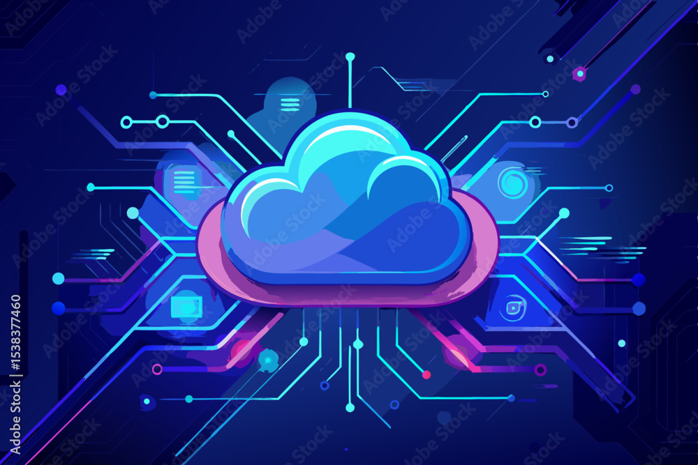 Poster abstract cloud computing network with circuit board background and data transfer