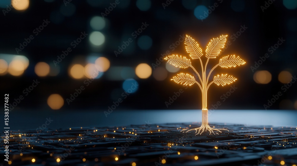 Poster nature conservation concept. illuminated tree grows from a circuit board on a dark background.
