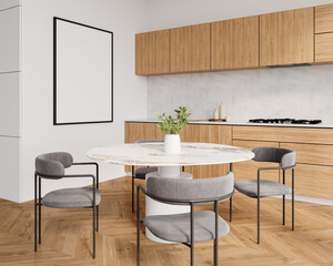 Cozy Scandinavian kitchen dining space with framed wall mockup above marble table
