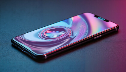 Modern smartphone with colorful abstract wallpaper on dark background  