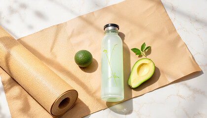 Fresh avocado, lime, and bottle on brown paper backdrop